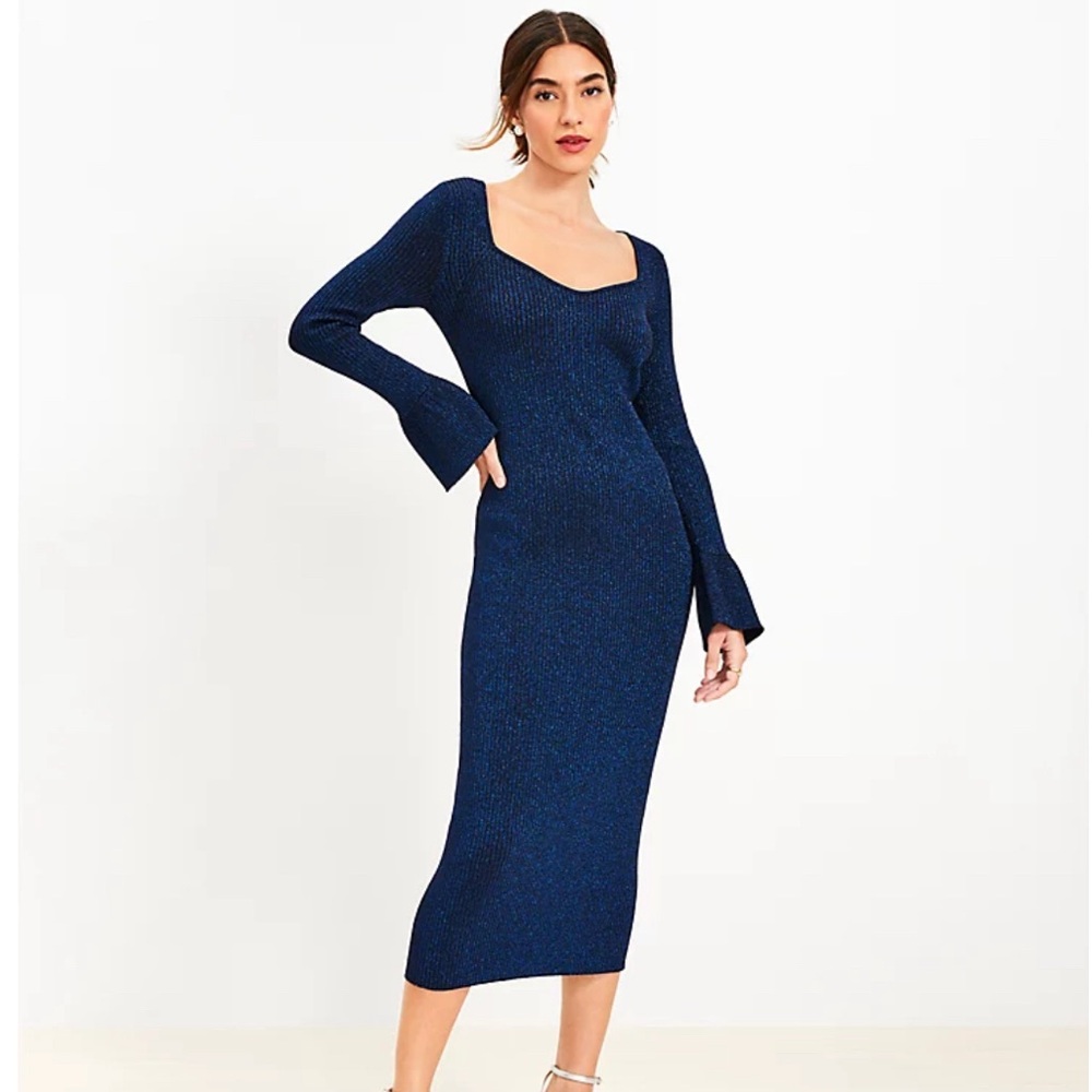 NWT Petite Ribbed Trumpet Sleeve Midi Dress Metallic shine Size M